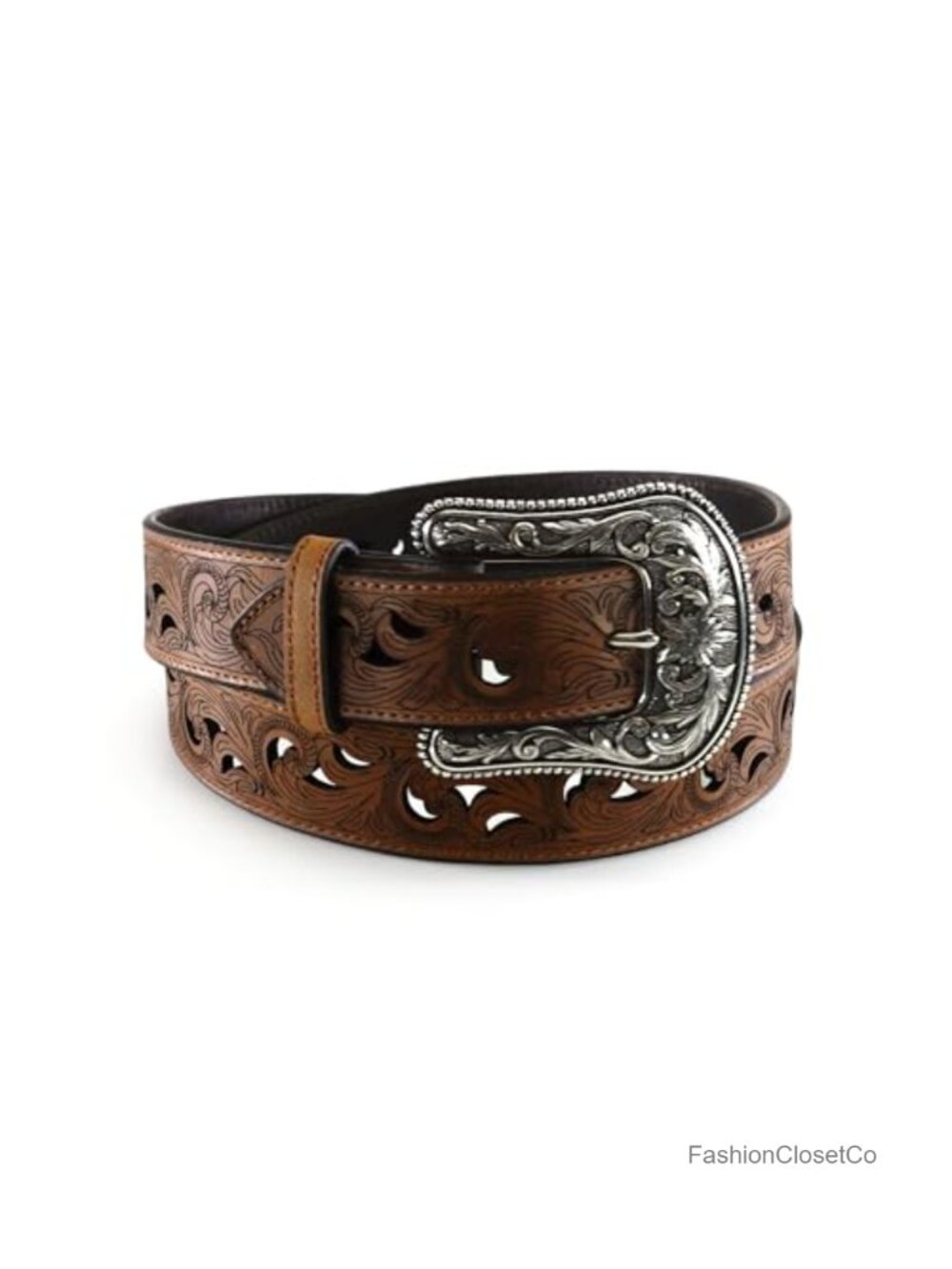 Genuine Leather Scroll Cutout Western Belt Interchangeable Buckle